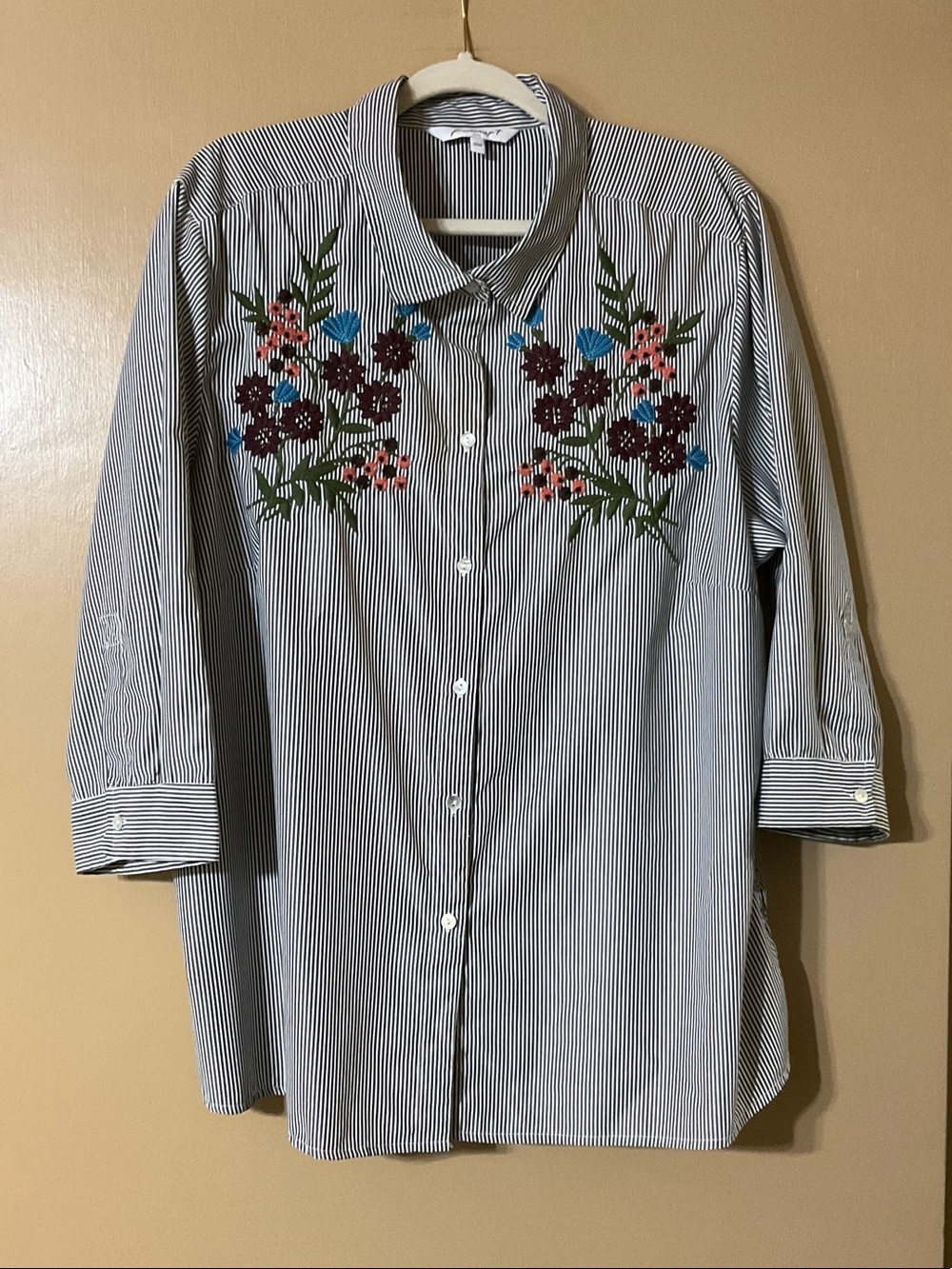 Foxcroft Gray and White Striped Button-Down with Floral Embroidery